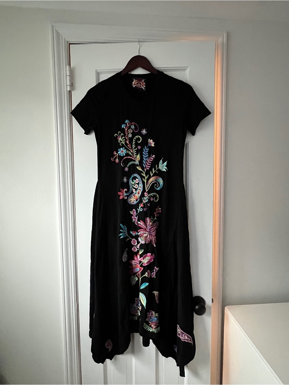 Johnny Was Black Floral Embroidered Midi Dress